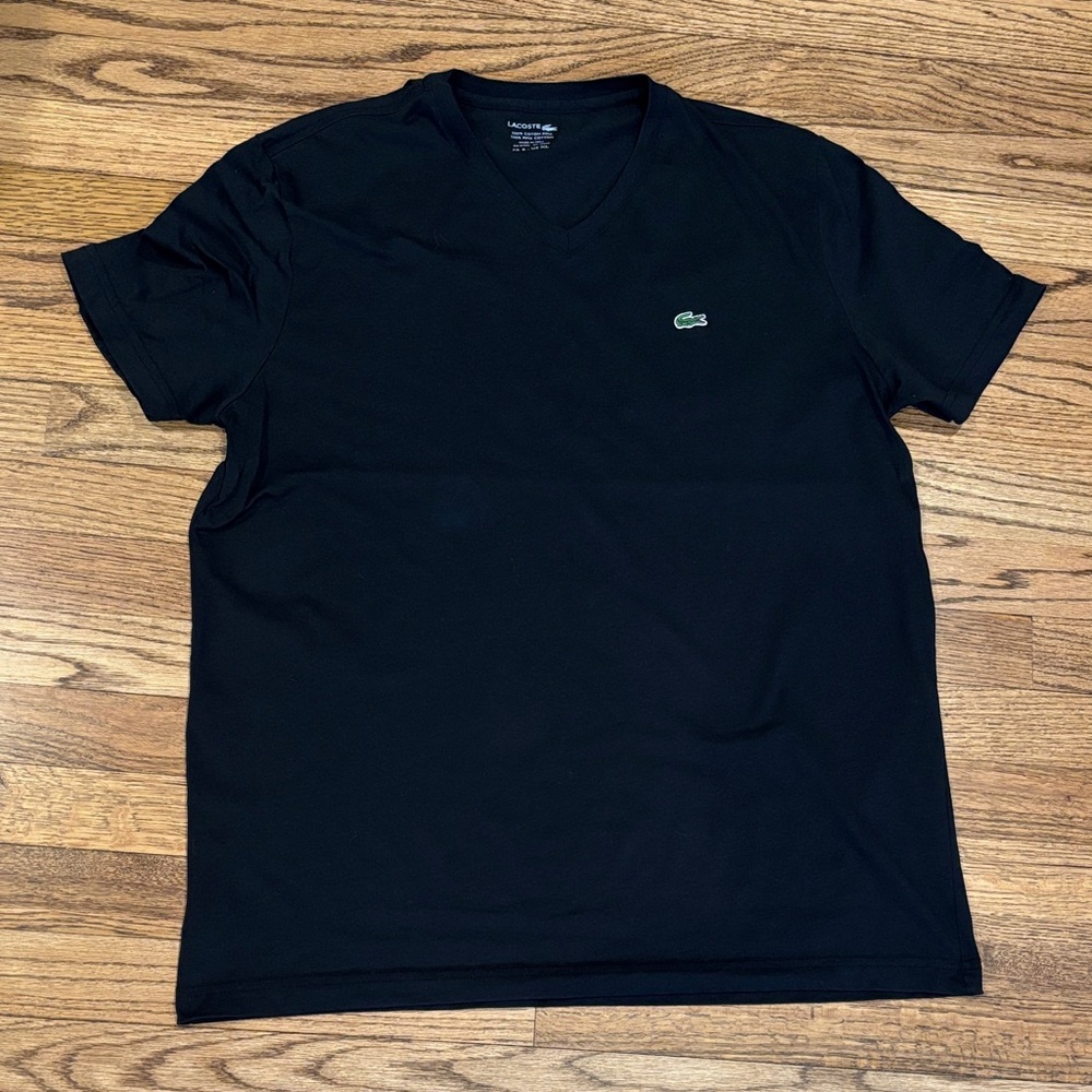 Lacoste Black V-Neck Short Sleeve Tee with Green Croc Logo XL